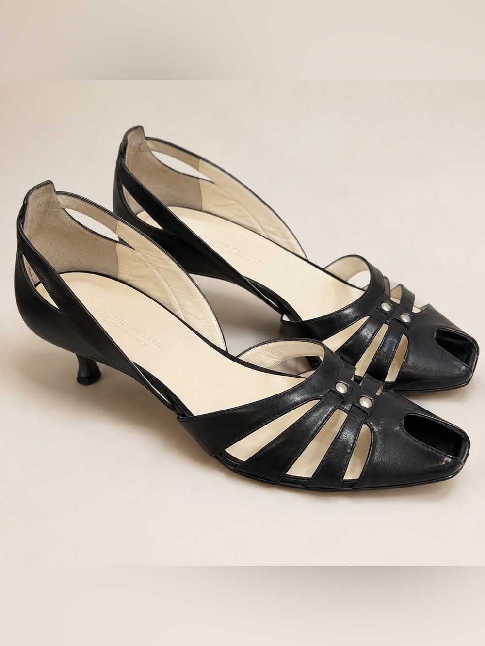 Studio Pollini Black Leather Cutout Peep Toe Kitten Heels EU 36 Italy